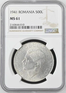 1941 Romania 500 Lei Mihai I Bessarabia Reunion Silver KM#60 NGC MS61 Certified - Picture 1 of 2