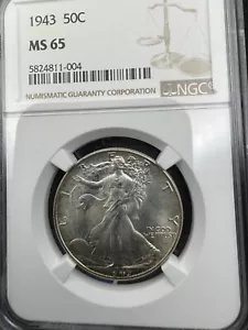 Mezzo dollaro 1943 Walking Liberty - MS65 - NGC - bella tonalità Obv e Rev - Foto 1 di 4