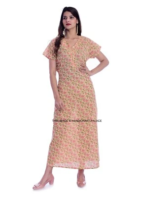 Mujeres Estampado Floral Algodón Manga Corta Camisón Camisón Largo Maxi Indio Foto 1 de 4
