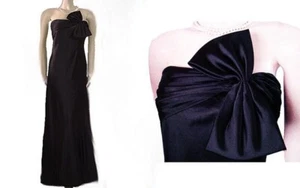 BEAUTIFUL ADRIANNA PAPELL BLACK SATIN SPANDEX EVENING GOWN ADORNED WITH HUGE BOW - Picture 1 of 5