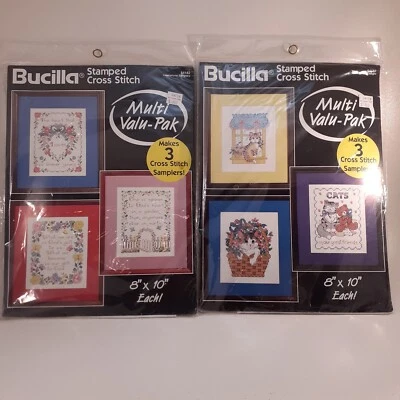 Lot Of 2 Bucilla Stamped Cross Stitch Multi Pak 3 Samplers Cats 8"x10" 1994 NOS  Foto 1 de 4