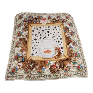 Vintage Nicole de Beauvoir Seidentuch Katze Katzen Blumenkörbe Goldfisch 34 Zoll - Bild 1 von 14