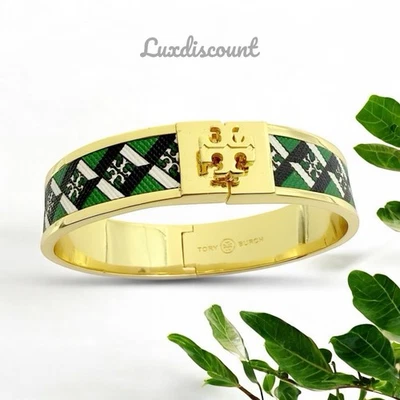 Tory Burch Leather Inlay Hinged Bangle Bracelet in Green - Image 1 of 4