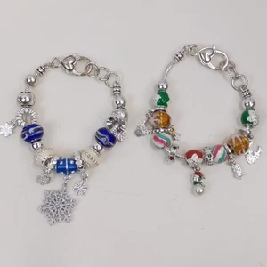 Bracciale Perline Charm Natalizio Tema Invernale Tono Argento Perline Fiocco di Neve - Foto 1 di 11