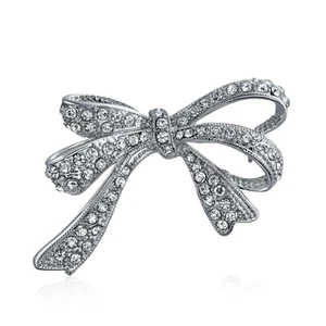 Winter Wedding Crystal Bridal Statement Ribbon Bow Brooch Pin Silver Plated - Picture 1 of 10