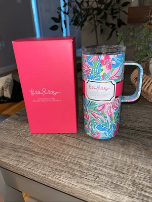 Taza de viaje de acero inoxidable Lilly Pulitzer nueva en caja con mango hora dorada Foto 1 de 3