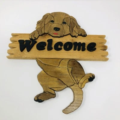 Letrero de bienvenida vintage lindo cachorro perro rústico intarsia hecho a mano colgante de pared Foto 1 de 4