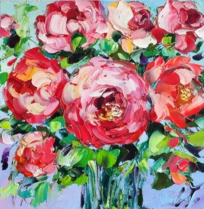 Original Ölgemälde Rose Pfingstrose rote Blumen Kunstwerk Floral Wandbild 6*6 Zoll - Bild 1 von 13