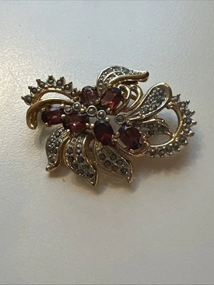 Broche de oro Vermeil sobre plata de ley 925 rubí rojo marcasita prendedor firmado Foto 1 de 4