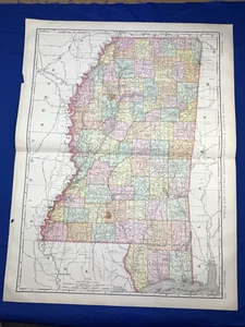 1898 Map MISSISSIPPI Rand McNally 28" x 21.5" Counties Shown in Different Colors - Picture 1 of 19