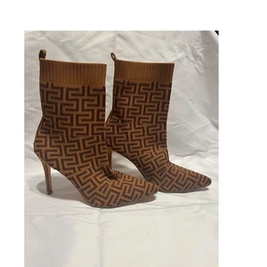 Cathrine Malandrino Brown Geometric Knit Sock Boots Stiletto Heel Pointed Toe - Picture 1 of 7