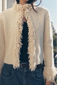 ZARA Wool-Blend Fringe Knit Cardigan Textured Jacket Ecru (Ivory) Sz L NWT - Picture 1 of 12
