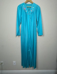 Shadowline Vintage Floral Snap Nightgown Turquoise S Long Sleeve Grandmacore - Picture 1 of 7