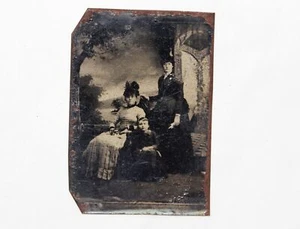 De colección Tintype Tipo Lata Fotografía Foto 2 Mujeres Dama Vestido Hijo Niño Viejo - Imagen 1 de 3