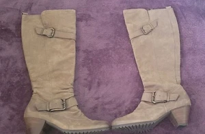 PAUL GREEN Women's Size US 5.5 Brown Gray Leather Buckle Knee High Heeled Boot - Picture 1 of 11