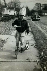 Boy With Paper Bag Hat On Scooter B&W Photograph 3.5 x 5 - Picture 1 of 3
