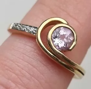 Hallmarked 9ct Yellow Gold 5mm Kunzite & Diamond Ring Size N½ 2.5g - Picture 1 of 13