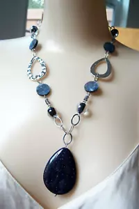 Lia Sophia "River Rock" Blue Goldstone/Mother of Pearl/Silver 17-20" Necklace - Picture 1 of 1