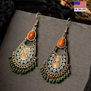 Women Boho Antique Silver Old Hollow Dream Catcher Tassel Beads Earrings 0067 - Picture 1 of 5