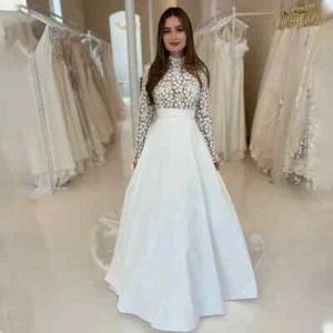 Satin Hochzeitskleider mit hohem Ausschnitt Vollarm Spitze A-Linie formelle Braut erwachsen - Bild 1 von 9