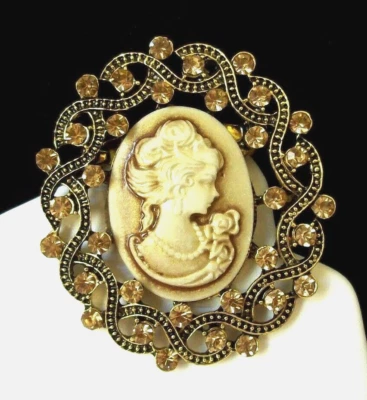 Prendedor/broche camafeo envejecido-tono dorado con cristales dorados - ¡Bonito! Foto 1 de 4