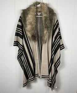 Merona Women Cape Poncho Shawl Small/Medium Beige Black Stripes Faux Fur Collar - Picture 1 of 8