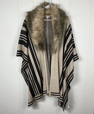Merona Women Cape Poncho Shawl Small/Medium Beige Black Stripes Faux Fur Collar - Image 1 of 4