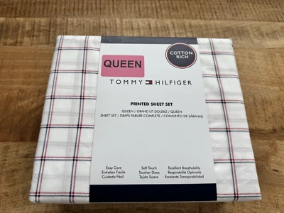 Tommy Hilfiger Plaid Red White Sheet Set Queen Cotton Blend Machine Washable - Image 1 of 4