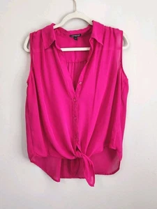 Express Top Medium Hot Pink Sleeveless Tie Front Button Down Collared Summer - Picture 1 of 6
