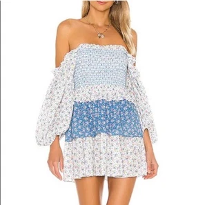 LoveShackFancy Shaw Dress Blue Floral Smocked Off Shoulder Tiered Mini Dress XS - Picture 1 of 15
