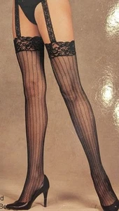 Black fisnet stripe thigh hi lace trim garter attached thigh high One size plus - Picture 1 of 2