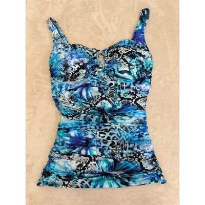 Gottex Women's Blue Animal Print Tankini Swim Top Size 6 Multicolor Padded - Image 1 of 4