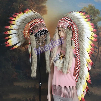 Hand Made Indian Feather Headdress Party Performance Ethnic Popular Costume  - Image 1 of 4