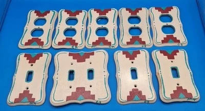 Juego de 9 interruptores de luz de madera azteca del suroeste pintados a mano y cubiertas enchufables de colección  Foto 1 de 4