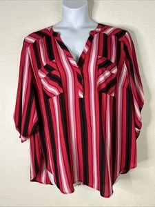 Torrid Womens Plus 3 (3X) Fusha Striped Pocket Harper Popover Top 3/4 Sleeve - Picture 1 of 7