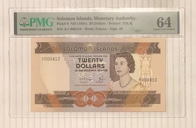 Solomon Islands 20 Dollars 1981 P-8 UNC PMG 64 Low number 410 - Image 1 of 2