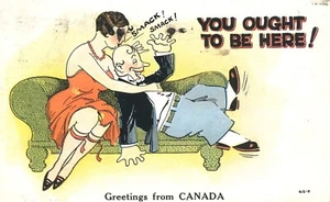 Tarjeta postal cómica de Saludos desde Canadá pareja besándote deberías estar aquí 1930 - Imagen 1 de 2