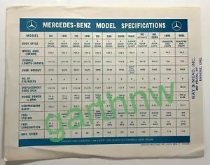MERCEDES-BENZ RARE circa 1961 DEALER MODEL SPECIFICATIONS SHEET - Picture 1 of 2