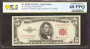 1953 B $5 LEGAL TENDER US NOTE FR.1534 SMITH DILLON PCGS GEM UNC 68 PPQ (566A) - Picture 1 of 2