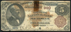 1882 5 $ THE FARMS NATIONAL BANK OF HUDSON, NY NATIONALE WÄHRUNG CH. #990 - Bild 1 von 2