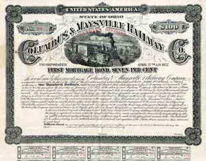 Certificado de fianza 1879 Columbus & Maysville RR, división sur - Imagen 1 de 1