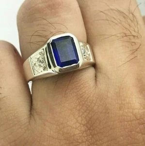 MENS RING 2.22 Ct BLUE SAPPHIRE & REAL DIAMOND ENGAGEMENT BAND 10K GOLD - Picture 1 of 12