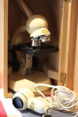 Vintage Optico Paris Student Microscope 1950s w/ Wooden Case & Lamp Untested - Image 1 of 4