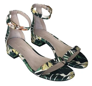 STUART WEITZMAN Botanic Green Ankle Strap Block Heel Jacquard Sandals sz 7.5 - Picture 1 of 22