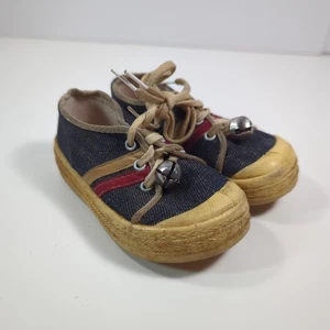Vtg Blue Canvas Toddler Sneakers Sz 2 Lace Up Stripe 60s Baby Doll Craft Collect - Picture 1 of 12