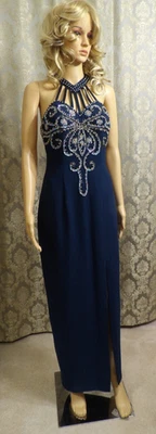 Alyce Designs Beaded Halter Sequin High Slit  Gown Dress Sz 8 Blue - Image 1 of 4