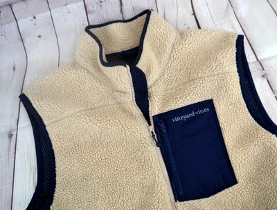VINEYARD VINES Men's Sherpa Full Zip Vest SIZE XXL Beige / Navy - Image 1 of 4