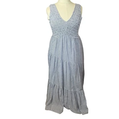 Free People Juno Tiered Maxi Dress Large Blue Striped Cotton Smocked Boho Flowy - Image 1 of 4