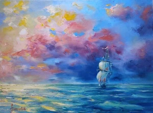 Vibrant Oil Painting of a Sailing Ship at Sea – Tranquil Marine Landscape OOAK - Picture 1 of 9