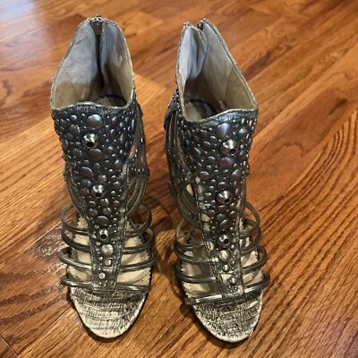 Tacones Jean Michel Cazabat/talla 7,5/ aspecto de piel de serpiente plateada y oliva/cuero Foto 1 de 4